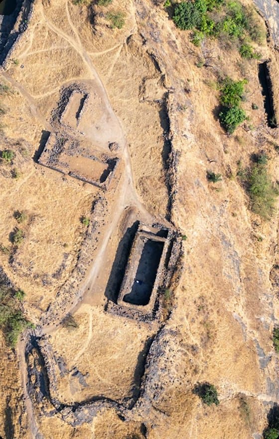 Aerial view of stone ruins on a dry plateau
