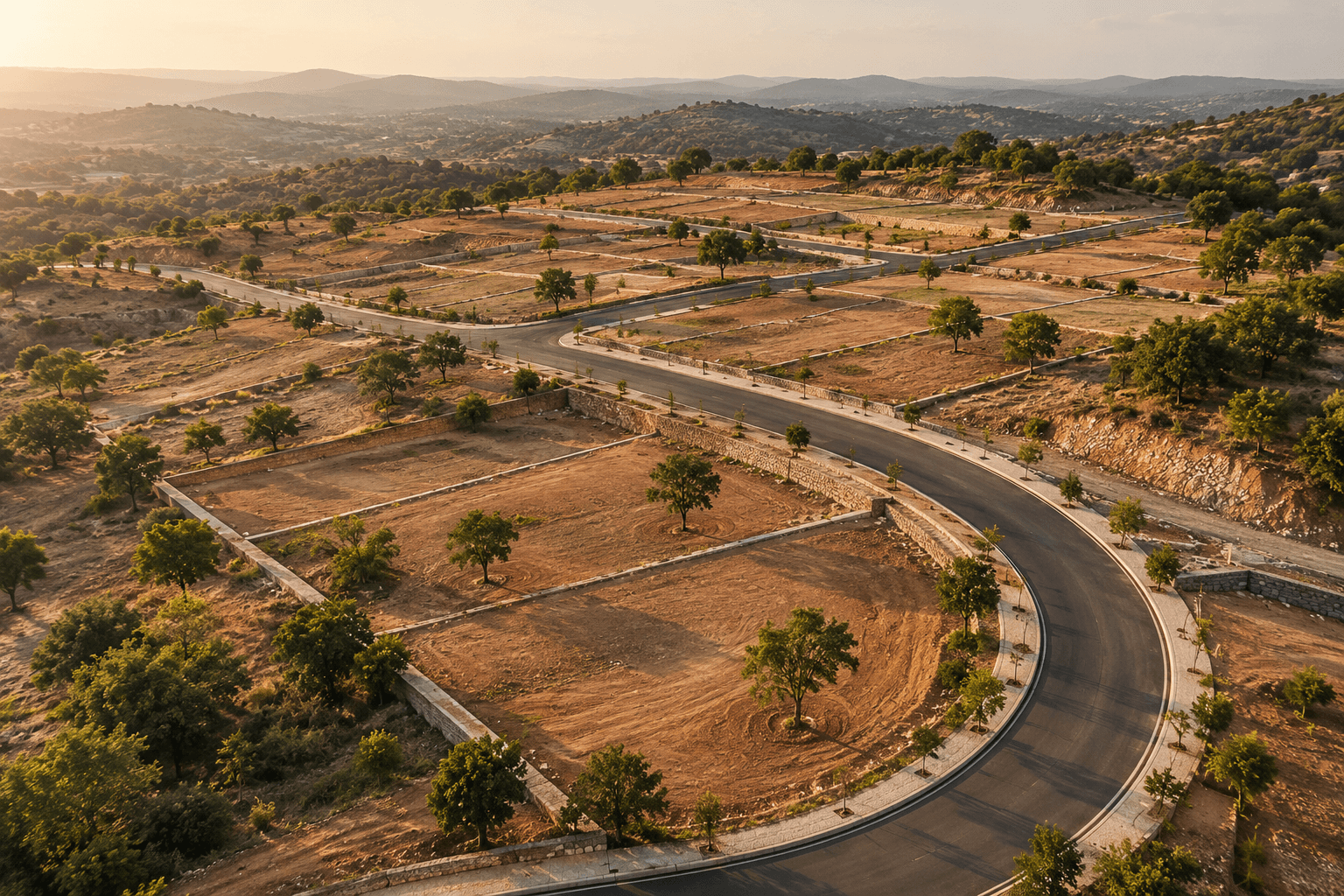 Golden-hour view over the hillside development
